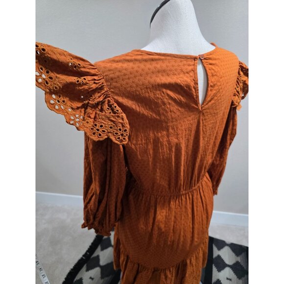 Rust Orange Long-Sleeve Textured Dress W/Eyelet Detailing & Elastic Waist By Uni - Picture 13 of 13